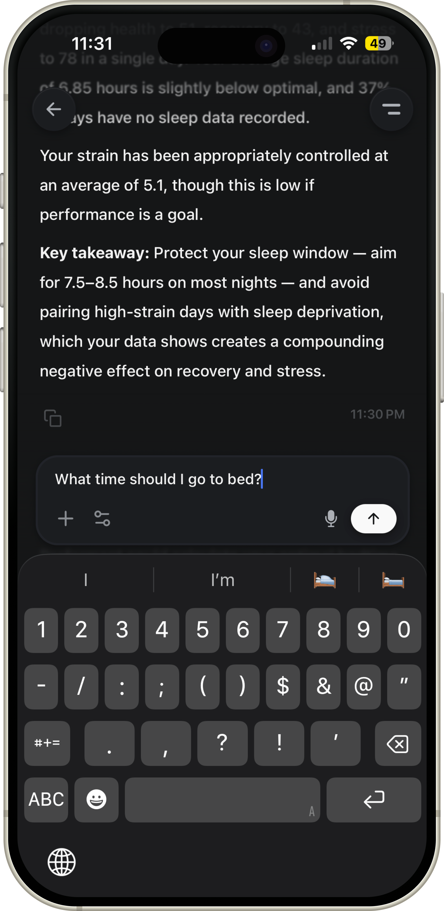 Ness AI health coach chat explaining sleep patterns and next steps.