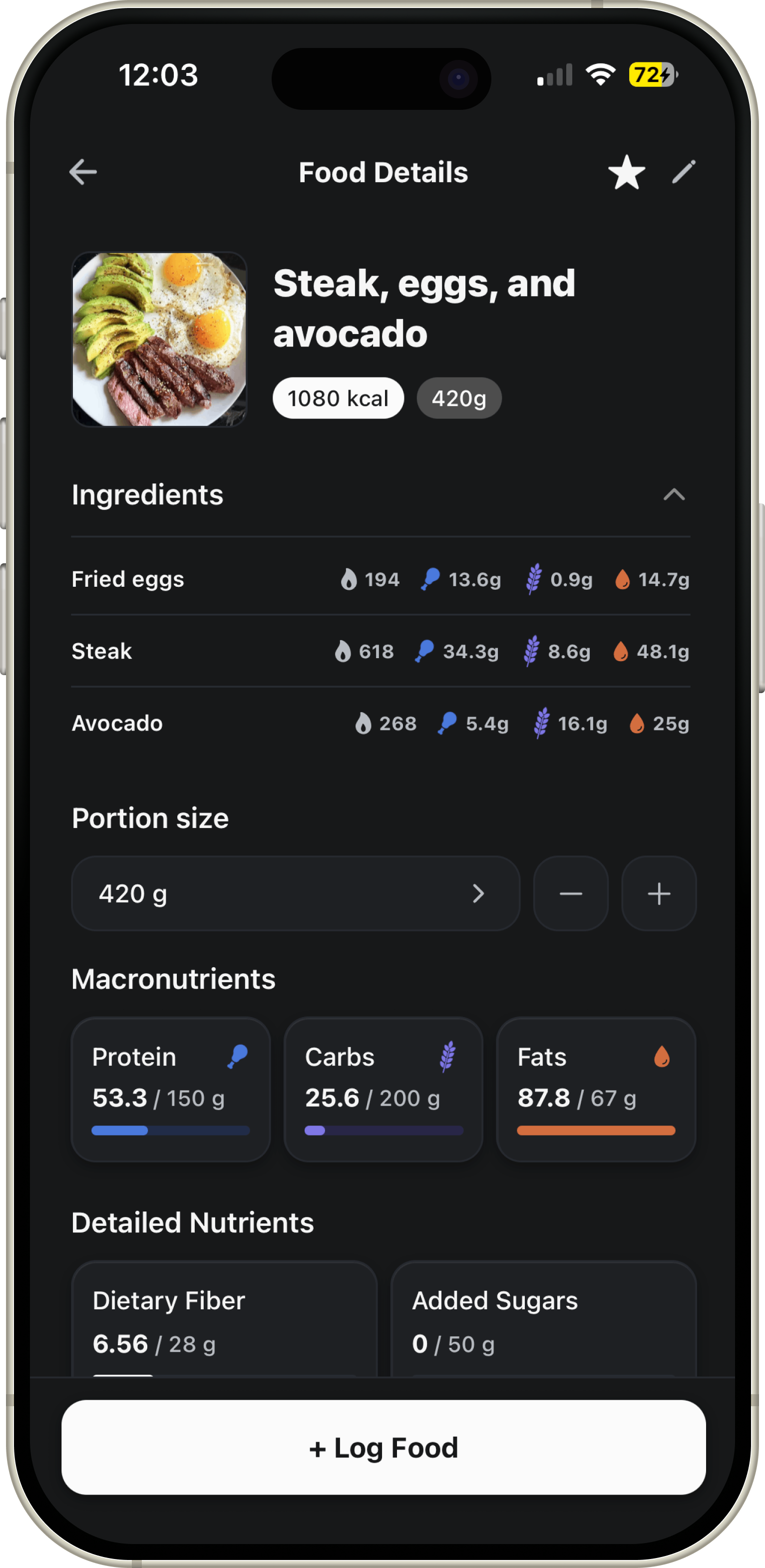 Ness food details screen with estimated calories and macronutrient breakdown.