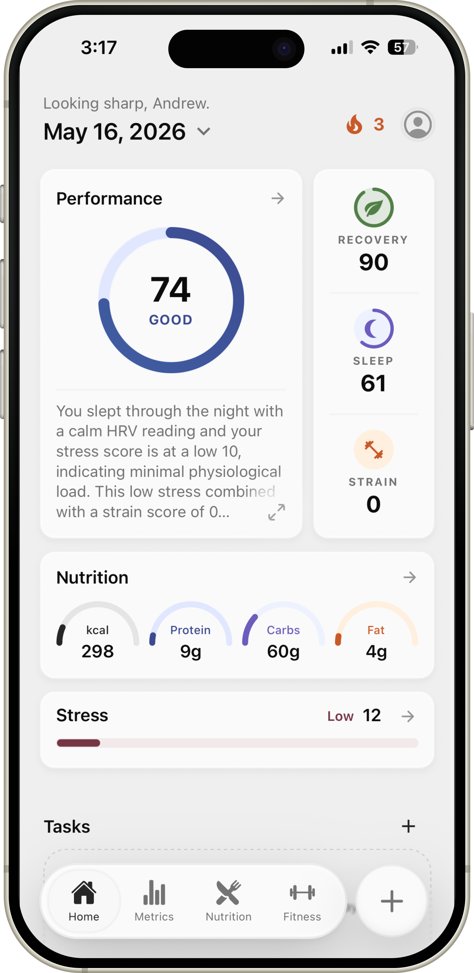 Ness metrics screen showing performance, recovery, strain, sleep, stress, and resting heart rate trends.